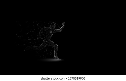 Abstract Sprinter futuristic background with low-poly, polygon and triangle. Sport runner concept from dots, circles and lines. Molecular concept.  structure vector Illustrat