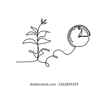 Abstract sprout with clock as line drawing on the white background. Vector