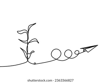 Abstract sprout with paper plane as line drawing on the white background. `Vector