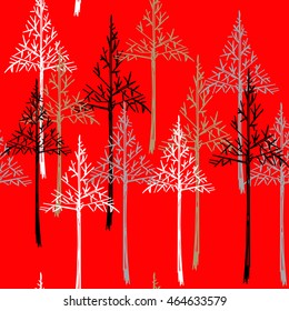 Abstract spruce tree forest background. Christmas seamless pattern on red background.