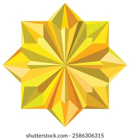 Abstract square 8 corners star shape insignia. Geometrical mandala style. Golden green yellow gradient colors decorative element on white background. Low polygon triangle flower pattern. Vector