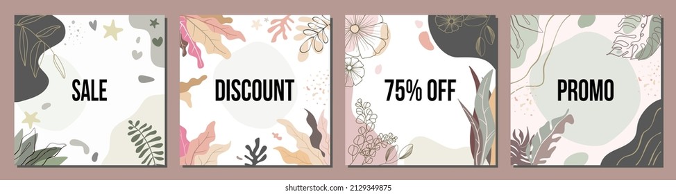 Abstract square art templates with floral and geometric elements. Suitable for social media posts, mobile apps, banners design and web or internet ads. Vector floral background