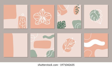 Abstract square art templates with tropical flowers. Illustration for social media posts, banner, internet ads design. Hand drawn exotic leaves and flowers.