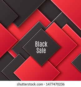 Abstract square background with black and red layered rhombus. Vector minimalist paper cut geometric pattern. Design concept for celebrating card of Black Friday, sales season