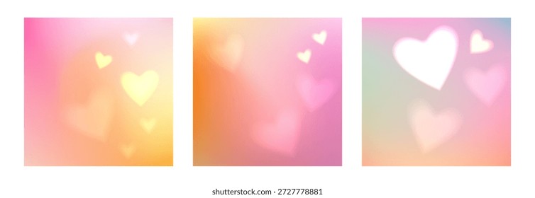 Coleção de fundo quadrado abstrato. Belos corações brilhantes com um efeito bokeh, formas de desfoque suave em um fundo de gradiente.