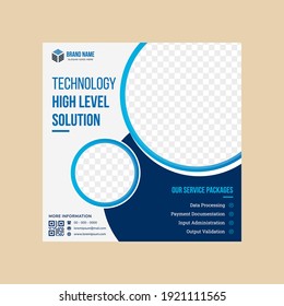 Abstract Square Background Concept With Circle For Technology Social Media Banner, Brochure, Flyer Design In Blue Colors. Circle Space For Photo Collage.