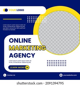 Abstract square background concept with circle for marketing agency social media banner, brochure, flyer design in blue colors. Circle space for photo collage.