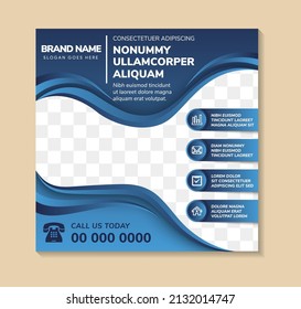 Abstract square background concept with circle icon for technology social media banner, brochure, flyer design in blue gradient colors. wave border space for photo collage.