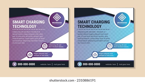 Abstract square background concept for smart charging technology social media post banner design template. Space for photo collage. combination purple, black and blue on white background.hexagon info