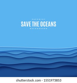 Abstract square background in cut paper style. Cutout blue sea wave template for for save the Earth posters, World Water Day, eco brochures. Vector water applique illustration with copy space.