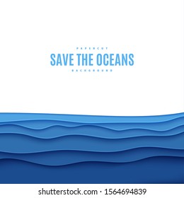 Abstract square background in cut paper style. Cutout blue sea wave template for for save the Earth posters, World Water Day, eco brochures. Vector water applique illustration with copy space.