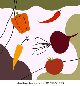 Resumen de fondo cuadrado. Dibujar a mano varias formas, verduras, rayas. Borgoña, rojo, naranja, marrón, verde, gris. Adecuado para imprimir en una postal, invitación, volante. Vector moderno de moda