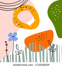 Abstract square background. Hand drawn various shapes, stripes, flowers, floral elements. Suitable for printing on a card, postcard, invitation, flyer. Modern trendy vector illustration