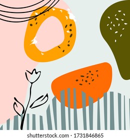 Abstract square background. Hand drawn various shapes, stripes, flowers, floral elements. Suitable for printing on a card, postcard, invitation, flyer. Modern trendy vector illustration. 