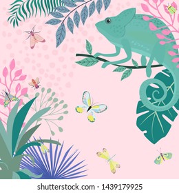 Abstract square background with insects and plants. Background for mobile app minimalistic style. Editable Vector illustration