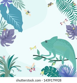 Abstract square background with insects and plants. Background for mobile app minimalistic style. Editable Vector illustration
