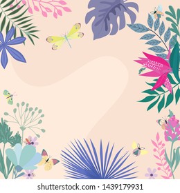 Abstract square background with insects and plants. Background for mobile app minimalistic style. Editable Vector illustration