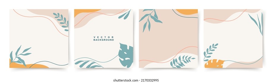 Abstract square background set summer season concept. Banner template with tropical leaves for social media post, mobile app, web, summer sale, promotional content. Vector illustration