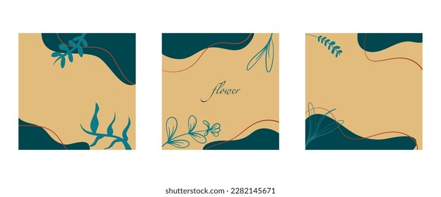 Abstract square background set Summer concept. Banner template with tropical leaves for social media post, mobile app, web, summer sale, promotional content. Vector illustration