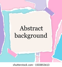 Abstract square background with torn paper pieces in bright colors for social media posts. Greeting banner template with elements in paper cut collage design. Сardboard vector Illustration.