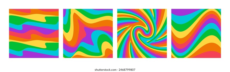 Abstract square backgrounds set with colorful waves in Pride Flag colors. Trendy vector illustration in retro Y2k style