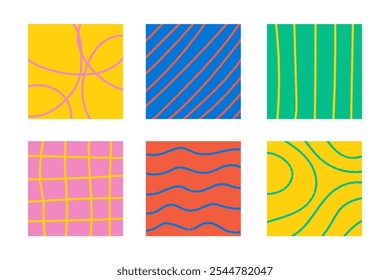 Abstract Square Backgrounds Set with Crayon drawing texture. Modern playful geometric shapes with line art. Minimal social media templets. Vector illustration