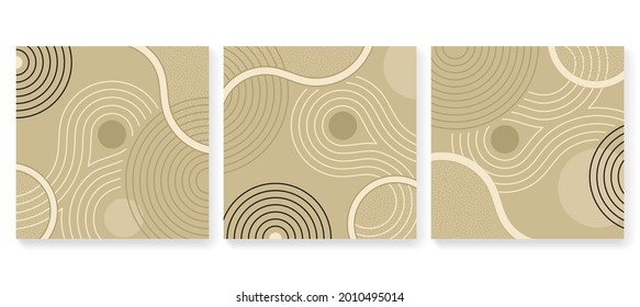 Abstract square backgrounds set in Zen garden japanese decoration - circles of stones and wavy spirals