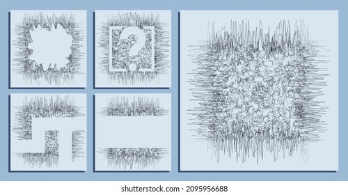 abstract square backgrounds of small hand drawn chaotic lines curves. Random children doodles of scribbles. Isolated vector