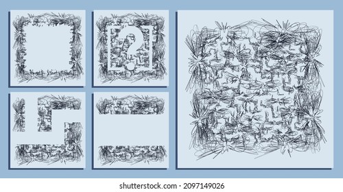abstract square backgrounds of small hand drawn chaotic loop lines. Random children doodles of scribbles. Isolated vector