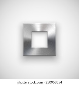 Abstract square badge, blank button template with metal texture (chrome, silver, steel), realistic shadow and light background for web user interfaces, UI, applications and apps. Vector illustration.