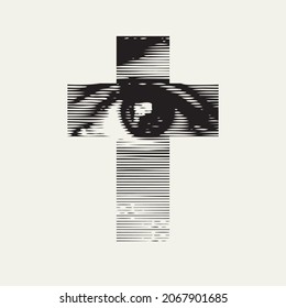 Abstract square banner with a cross and a human eye on an old paper. Black and white vector illustration, religious symbol, icon, T-shirt design, logo, design element. The Lord sees everything