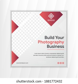abstract square banner template design with example of headline is build your photography business. red and grey gradient colors combination. square space for photo collage. dot and circle pattern.
