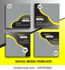Resumen del diseño de plantillas de banner cuadrado para el menú de comida en los medios sociales. Vector editable y adecuado para restauración y promoción digital culinaria.