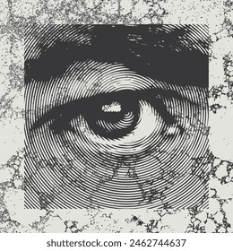 Abstract square banner with a wide-open human eye and an eyebrow in close-up, made of stripes on an old paper background with small black lints. Monochrome vector illustration in retro style