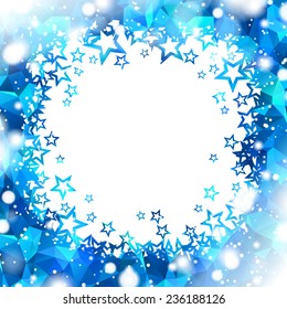abstrakter, quadratischer, blauer Hintergrund mit sternglänzendem Zentrum und schneebedecktem Rahmen
