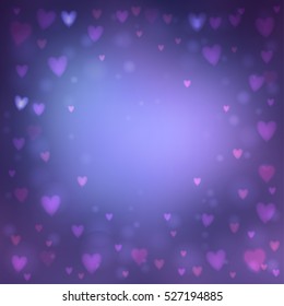Abstract square blur blue background with small heart-shaped lights over it.