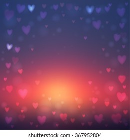 Abstract square blur blue and orange background with small heart-shaped lights over it.