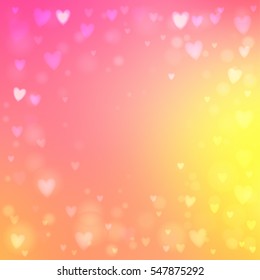 Abstract square blur pink and yellow background with small heart-shaped lights over it.