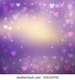 Abstract square blur purple background with small heart-shaped lights over it.