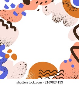 Abstract square card background with minimal doodle shapes, creative random elements frame. Social media post design with trendy brush strokes, lines, curves, fluid forms. Flat vector illustration