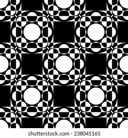 Abstract Square and Circle Pattern. Vector Seamless Black and White Background. Regular Checkered Texture