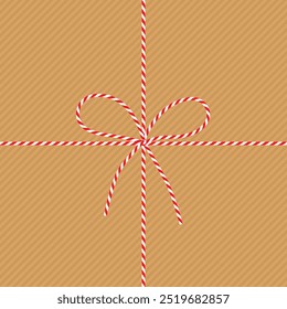 Abstract square craft background, gift tied up with cotton red rope bakers twine bow and ribbons. Packing string for decoration, present, pastry boxes for Christmas, New Year. Vector EPS10