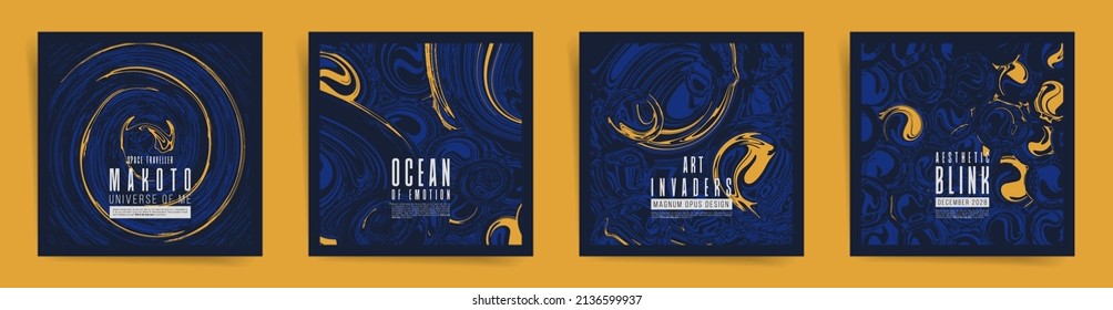 Abstract square design template for social media posts, album covers, posters and presentations, event card and decorative backgrounds. Vector set of dark space, science and neon glowing layouts. 