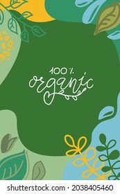 Abstract square eco template. BIO leaves, water drops. Ecology floral, geometric elements. Ecological social media post, mobile app, banner design. Web, internet ads. Vector organic background EPS10