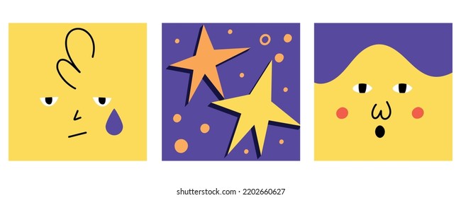 Abstract square faces. Funny cartoon characters with different emotions, doodle style happy trendy avatars, smile people portrait, contemporary geometric illustration, hand drawn vector isolated set