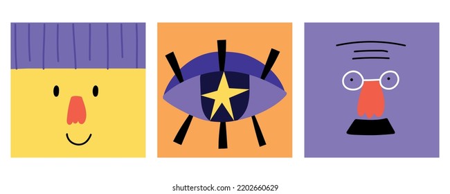 Rostros cuadrados abstractos. Personajes divertidos de dibujos animados con diferentes emociones, avatares felices de moda estilo doodle, retrato de sonrisas, ilustración geométrica contemporánea, conjunto aislado de vector dibujado a mano
