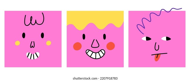 Rostros cuadrados abstractos. Personajes divertidos de dibujos animados con diferentes emociones, avatares felices de moda estilo doodle, retrato de sonrisas, ilustración geométrica contemporánea. Conjunto aislado de vector dibujado a mano