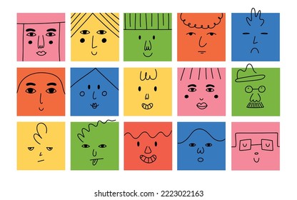 Abstract square faces. Funny cartoon characters with different emotions, doodle style happy trendy avatars, smile people portrait, contemporary geometric illustration. Hand drawn vector isolated set