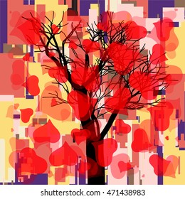 Abstract square fall composition with tree and hearts, geometric shapes. EPS10 vector illustration.