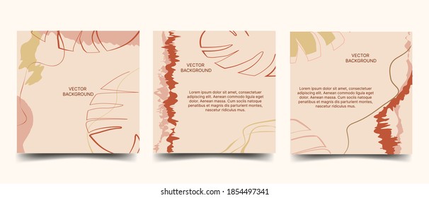 Abstract square flyer. Background for post in social networks, monstera leaves, doodle hand drawn object shape, place for text.